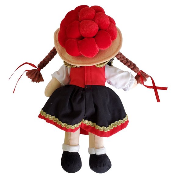 German Girl Doll Plush Stuffed Cloth Red Braided Yarn Hair Ethnic Costume Dress - Picture 3 of 10